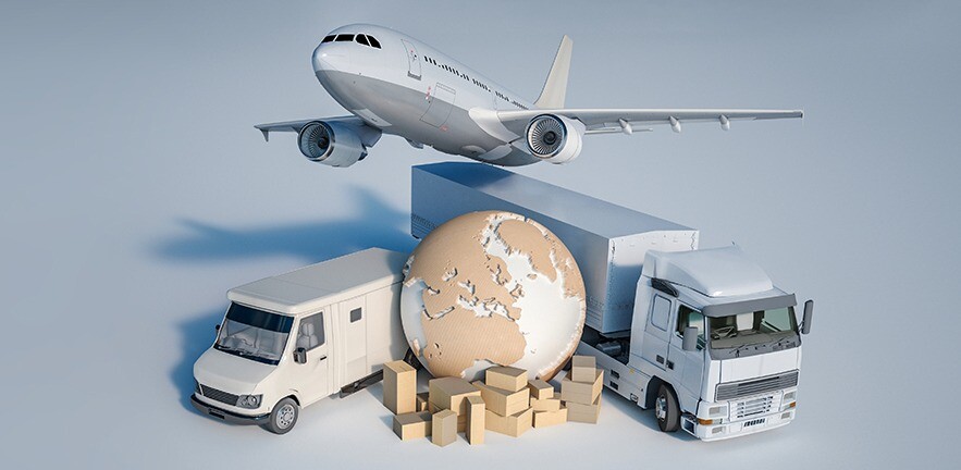 A 3D rendering of a little Earth surrounded by a van, a lorry and a plane flying overhead, with cardboard boxes in front of the Earth.