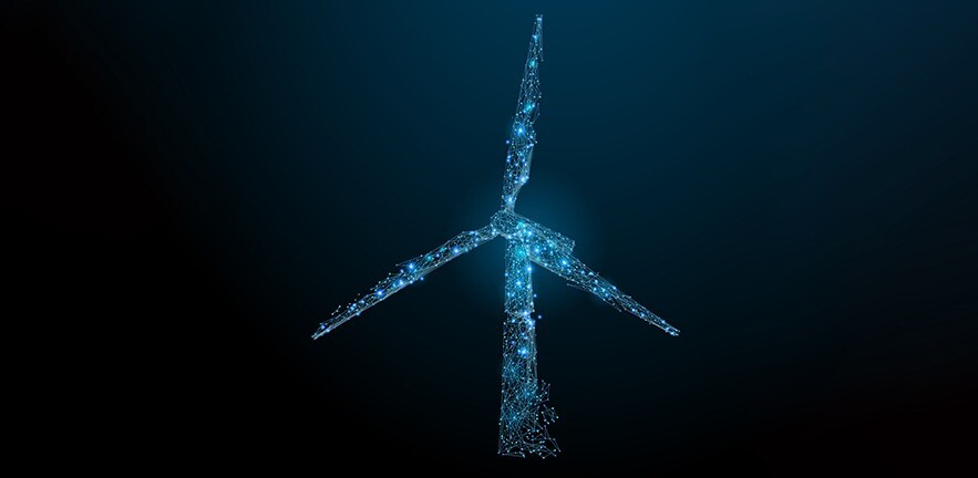 Cover image from 2nd Global Alternative Finance Benchmarking Study depicting a wind turbine made of network links, shining bright on a dark background.