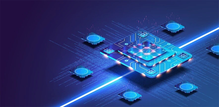 Futuristic microchip processor with lights on the blue background. Quantum computer, large data processing, database concept.