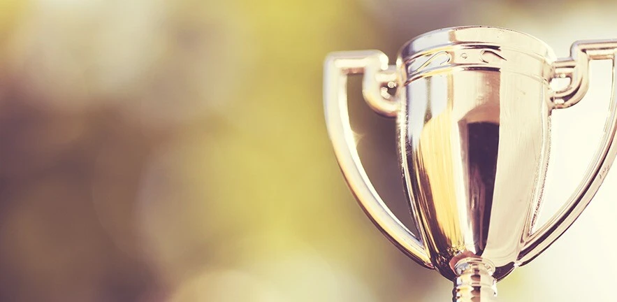 A golden coloured image showing a winners trophy award outdoors.