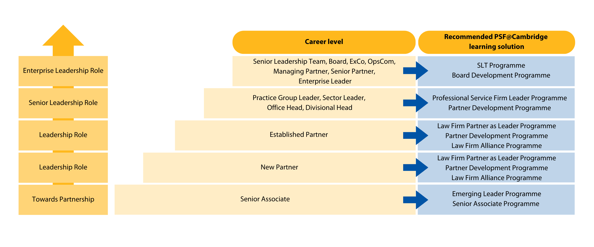 Diagram to show the learning pathway executives can follow with Executive Education learning solutions, moving from senior associate, to new partner, to established partner, to practice group leader or senior leadership team.